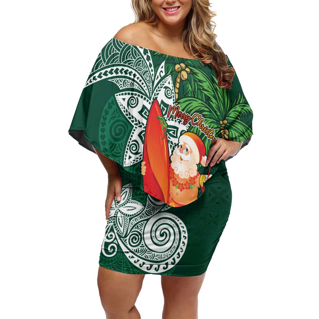 Polynesian Off Shoulder Short Dress Tropical Santa - Plumeria Green Vintage LT7 Women Green - Polynesian Pride