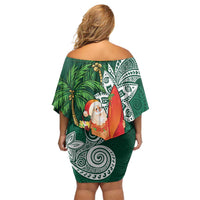Polynesian Off Shoulder Short Dress Tropical Santa - Plumeria Green Vintage LT7 - Polynesian Pride