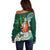 Polynesian Off Shoulder Sweater Tropical Santa - Plumeria Green Vintage