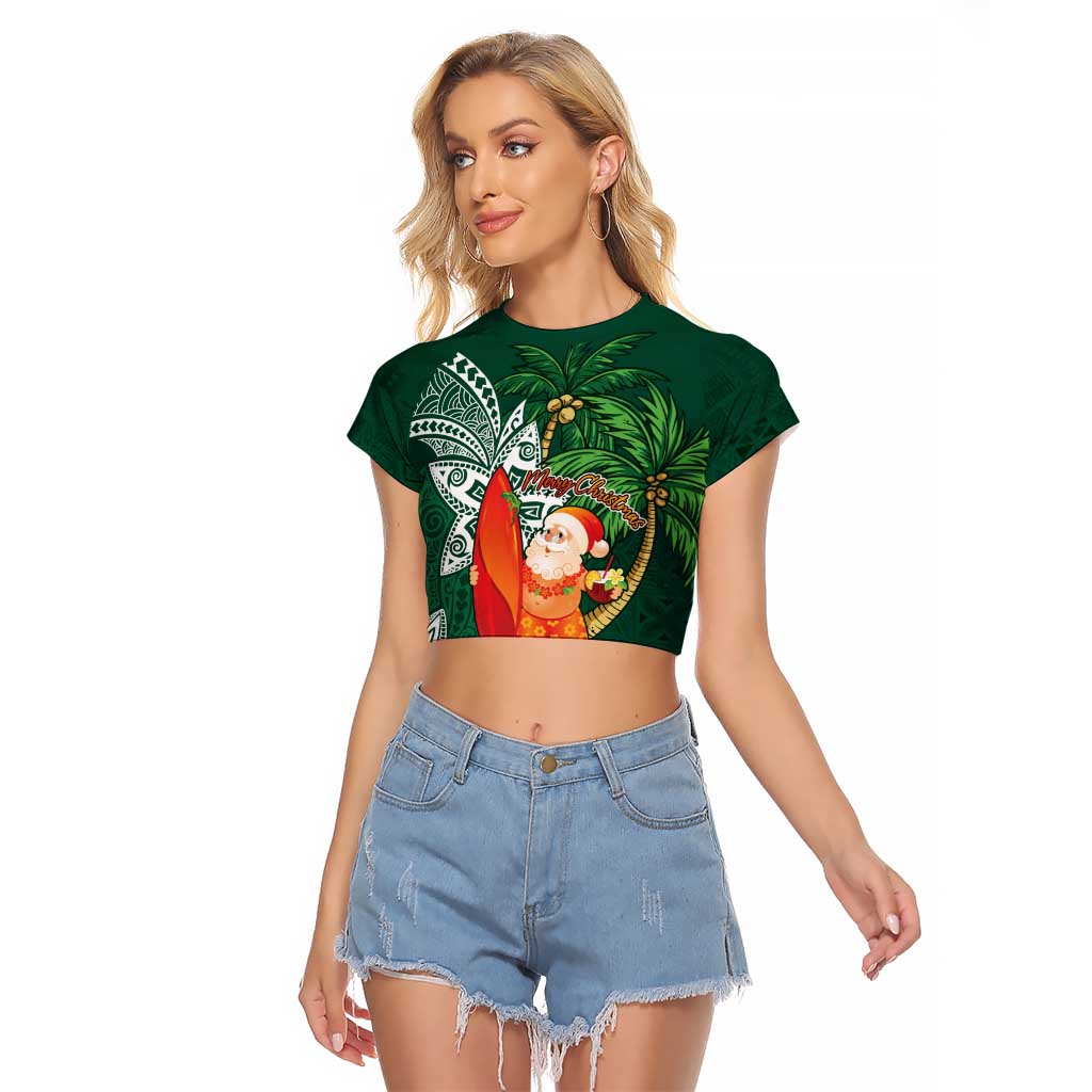 Polynesian Raglan Cropped T Shirt Tropical Santa - Plumeria Green Vintage LT7 Female Green - Polynesian Pride