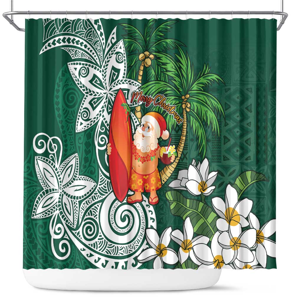 Polynesian Shower Curtain Tropical Santa - Plumeria Green Vintage