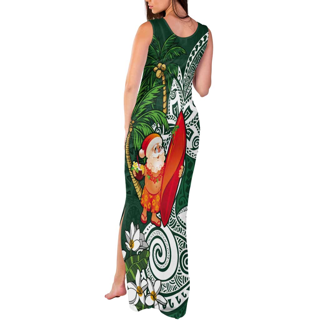 Polynesian Tank Maxi Dress Tropical Santa - Plumeria Green Vintage LT7 - Polynesian Pride