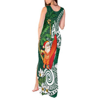 Polynesian Tank Maxi Dress Tropical Santa - Plumeria Green Vintage LT7 - Polynesian Pride