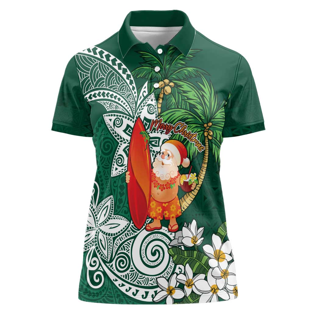 Polynesian Women Polo Shirt Tropical Santa - Plumeria Green Vintage