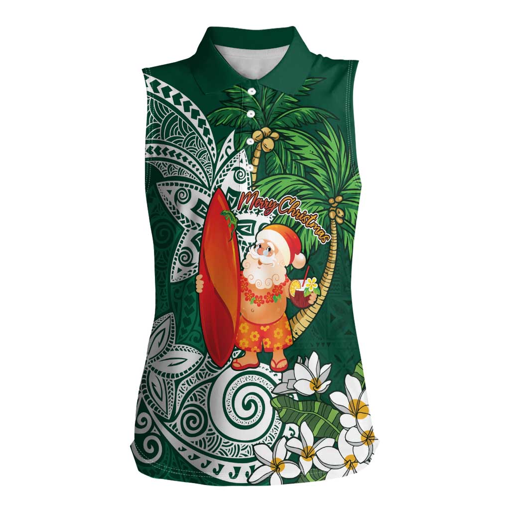 Polynesian Women Sleeveless Polo Shirt Tropical Santa - Plumeria Green Vintage