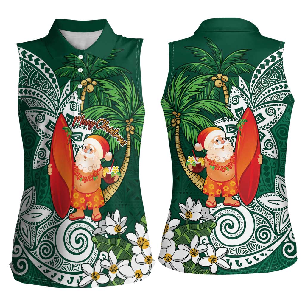 Polynesian Women Sleeveless Polo Shirt Tropical Santa - Plumeria Green Vintage