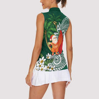 Polynesian Women Sleeveless Polo Shirt Tropical Santa - Plumeria Green Vintage