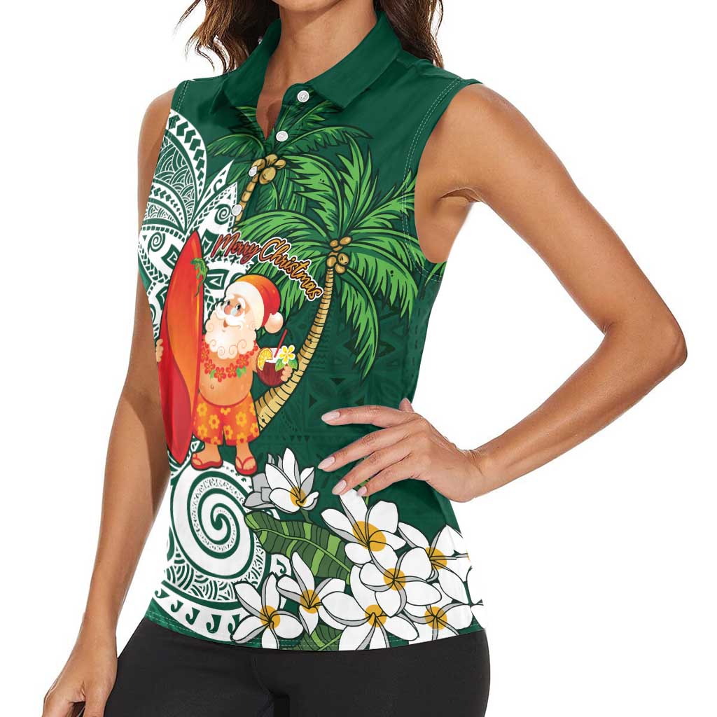 Polynesian Women Sleeveless Polo Shirt Tropical Santa - Plumeria Green Vintage