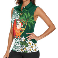 Polynesian Women Sleeveless Polo Shirt Tropical Santa - Plumeria Green Vintage