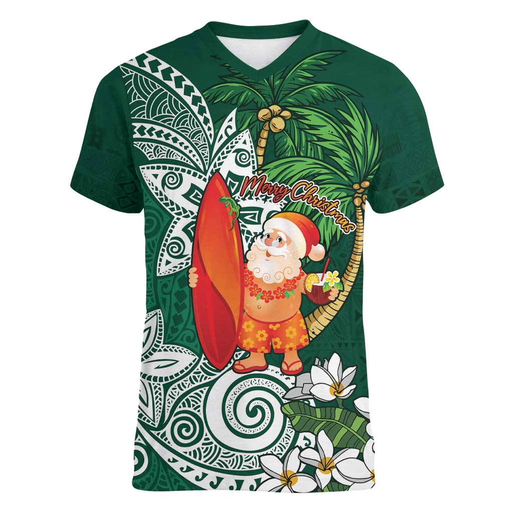 Polynesian Women V-Neck T-Shirt Tropical Santa - Plumeria Green Vintage LT7 Female Green - Polynesian Pride