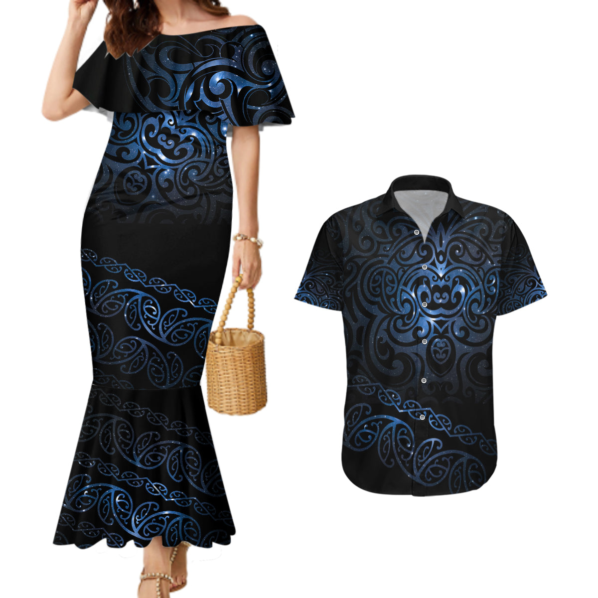 New Zealand Matariki Couples Matching Mermaid Dress and Hawaiian Shirt Cosmic Style LT7 Galaxy - Polynesian Pride