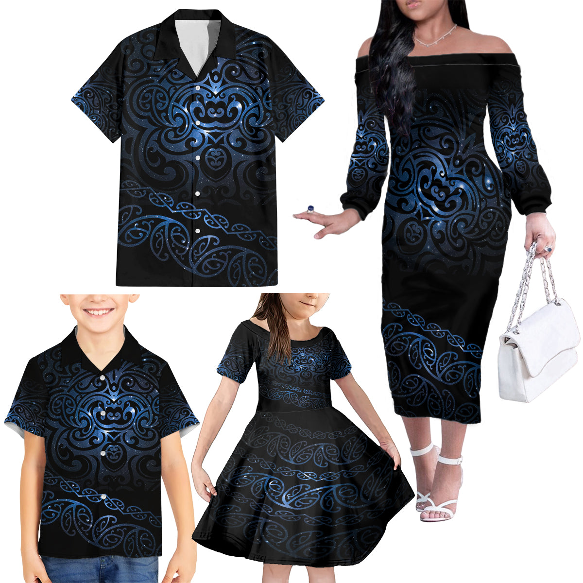 New Zealand Matariki Family Matching Off Shoulder Long Sleeve Dress and Hawaiian Shirt Cosmic Style LT7 - Polynesian Pride