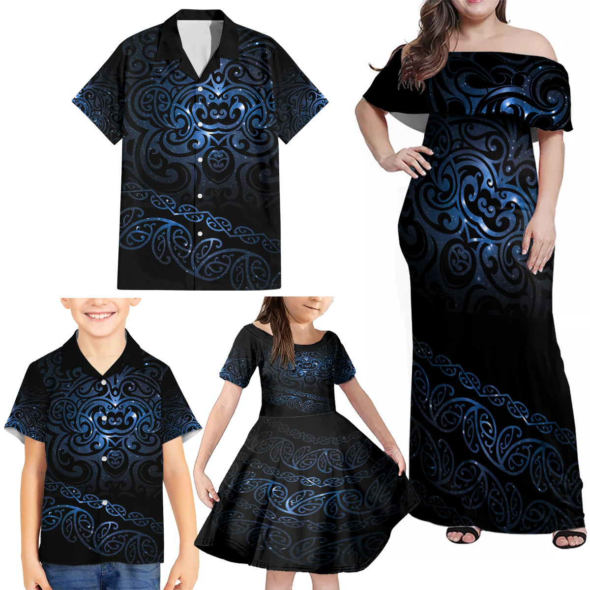 New Zealand Matariki Family Matching Off Shoulder Maxi Dress and Hawaiian Shirt Cosmic Style LT7 - Polynesian Pride