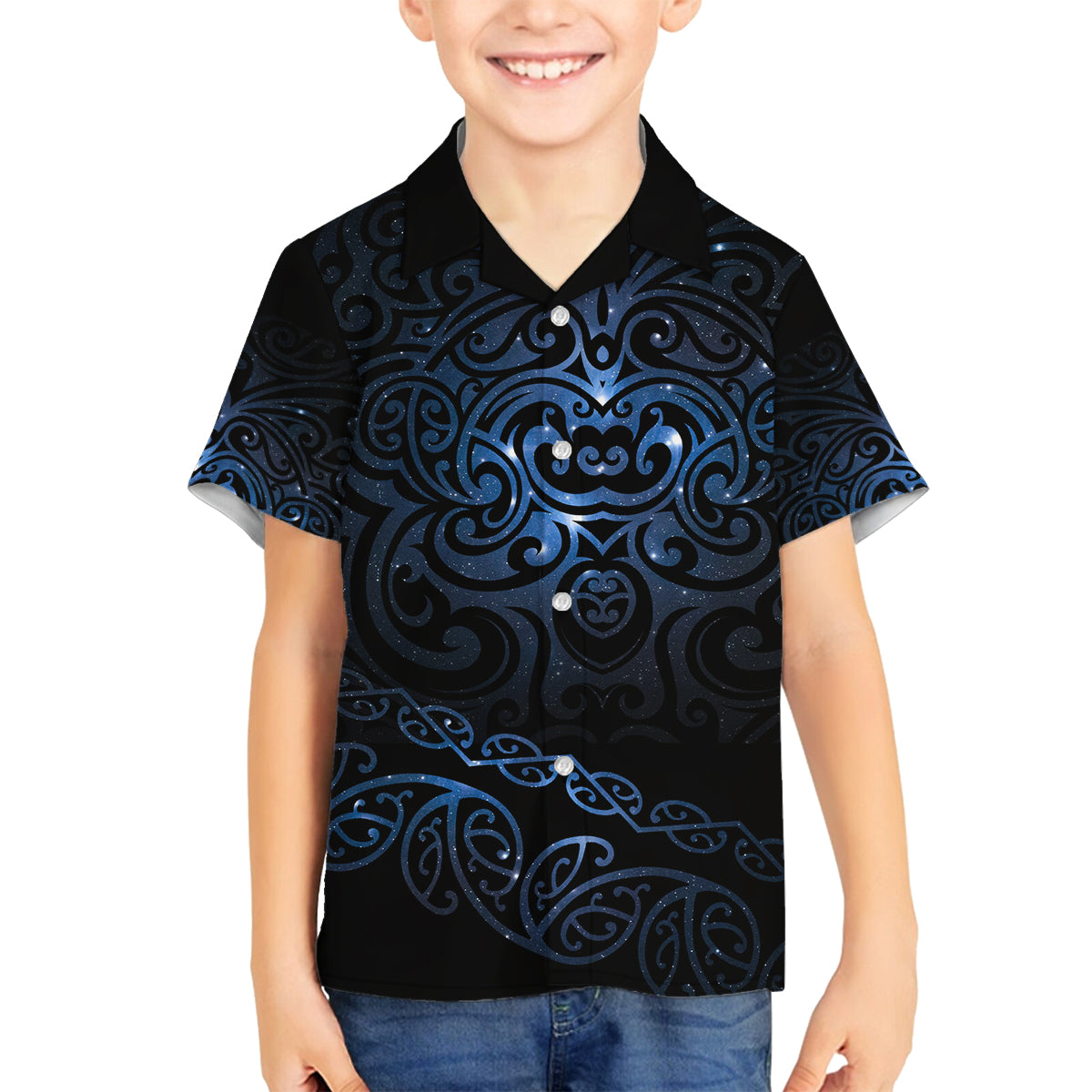 New Zealand Matariki Family Matching Off Shoulder Short Dress and Hawaiian Shirt Cosmic Style LT7 Son's Shirt Galaxy - Polynesian Pride