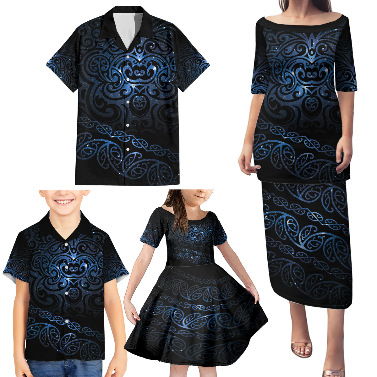 New Zealand Matariki Family Matching Puletasi Dress and Hawaiian Shirt Cosmic Style LT7 - Polynesian Pride