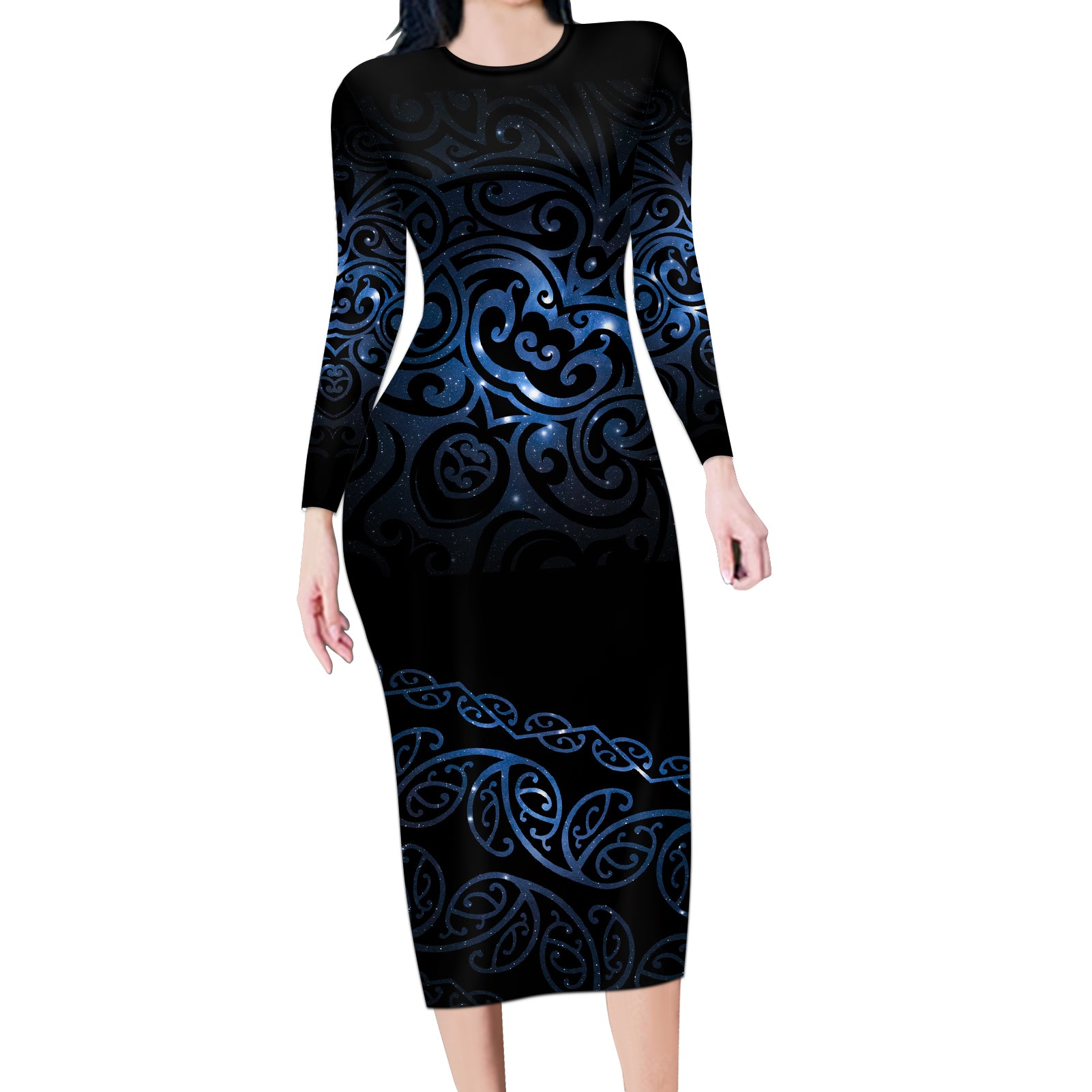 New Zealand Matariki Long Sleeve Bodycon Dress Cosmic Style LT7 Long Dress Galaxy - Polynesian Pride