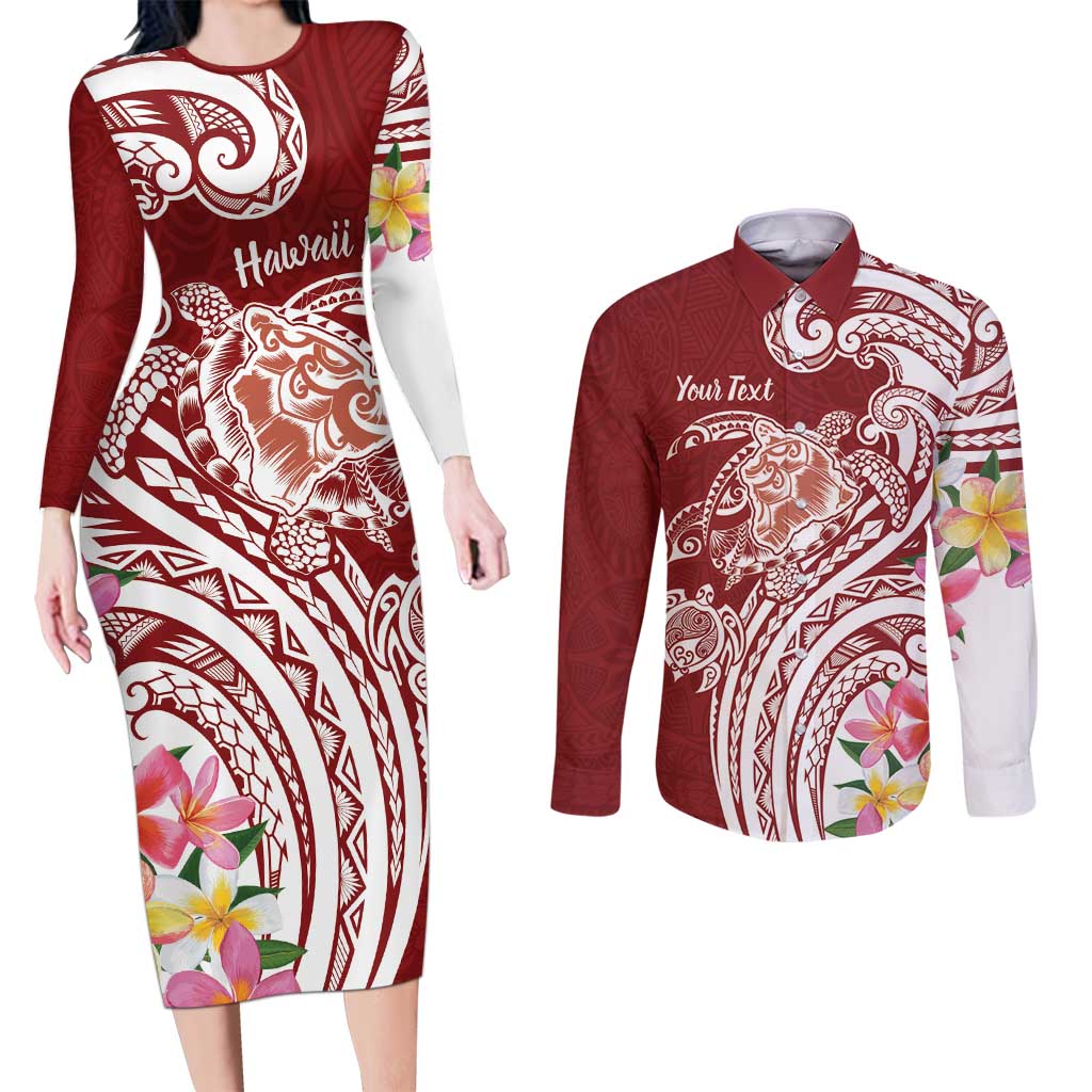 Aloha Hawaii Island Personalized Couples Matching Long Sleeve Bodycon Dress and Long Sleeve Button Shirt Crimson Dreamy Turtle LT7 Red - Polynesian Pride