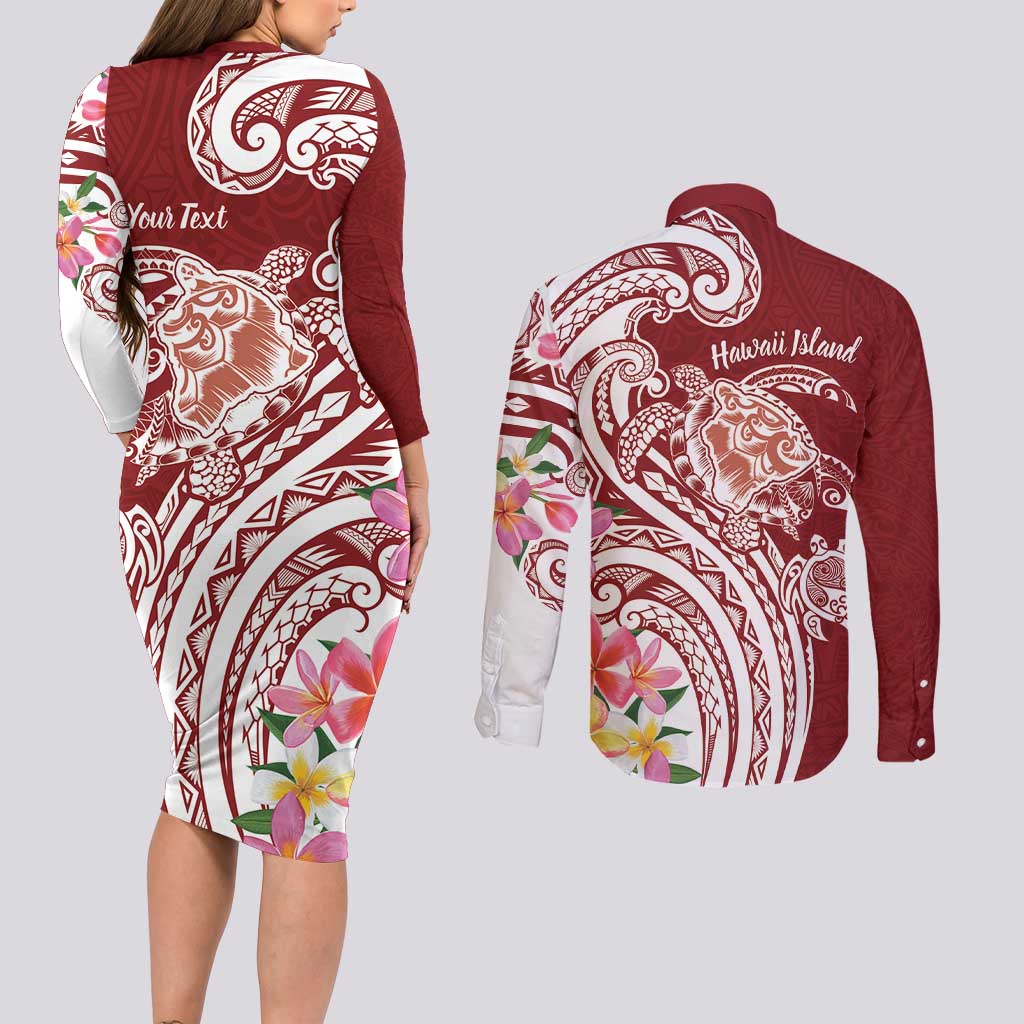 Aloha Hawaii Island Personalized Couples Matching Long Sleeve Bodycon Dress and Long Sleeve Button Shirt Crimson Dreamy Turtle LT7 - Polynesian Pride