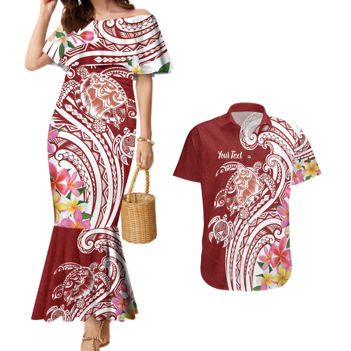 Aloha Hawaii Island Personalized Couples Matching Mermaid Dress and Hawaiian Shirt Crimson Dreamy Turtle LT7 Red - Polynesian Pride
