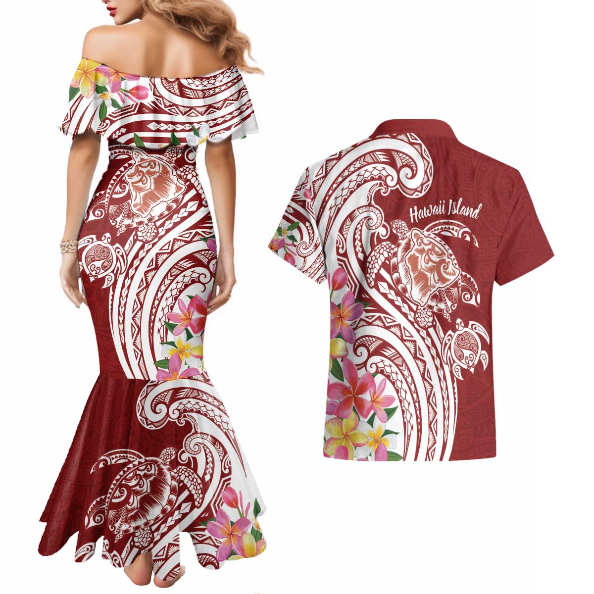 Aloha Hawaii Island Personalized Couples Matching Mermaid Dress and Hawaiian Shirt Crimson Dreamy Turtle LT7 - Polynesian Pride