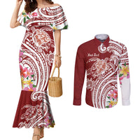 Aloha Hawaii Island Personalized Couples Matching Mermaid Dress and Long Sleeve Button Shirt Crimson Dreamy Turtle LT7 Red - Polynesian Pride