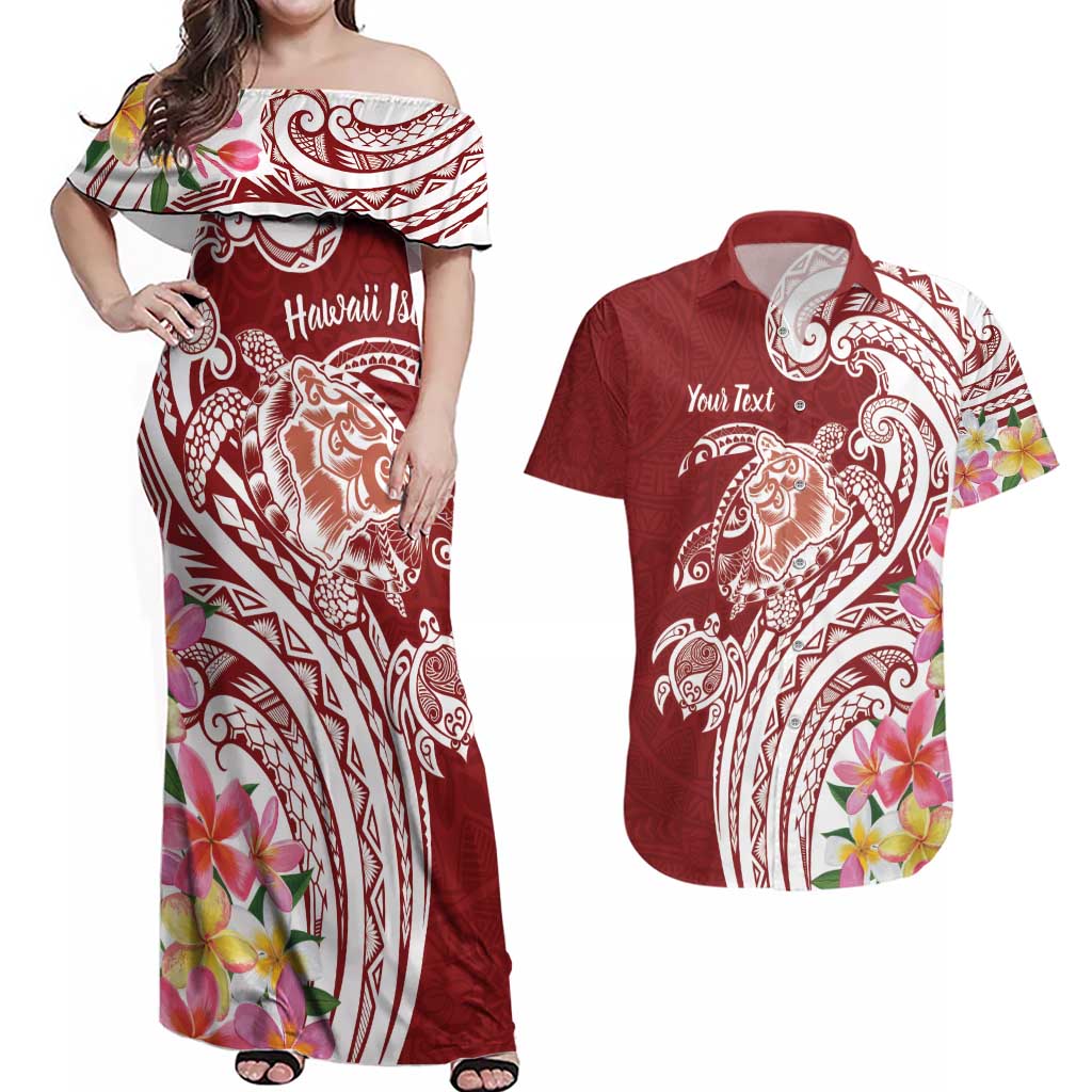 Aloha Hawaii Island Personalized Couples Matching Off Shoulder Maxi Dress and Hawaiian Shirt Crimson Dreamy Turtle LT7 Red - Polynesian Pride