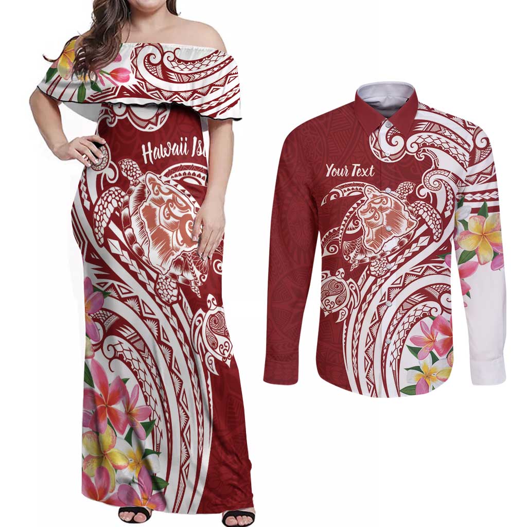 Aloha Hawaii Island Personalized Couples Matching Off Shoulder Maxi Dress and Long Sleeve Button Shirt Crimson Dreamy Turtle LT7 Red - Polynesian Pride