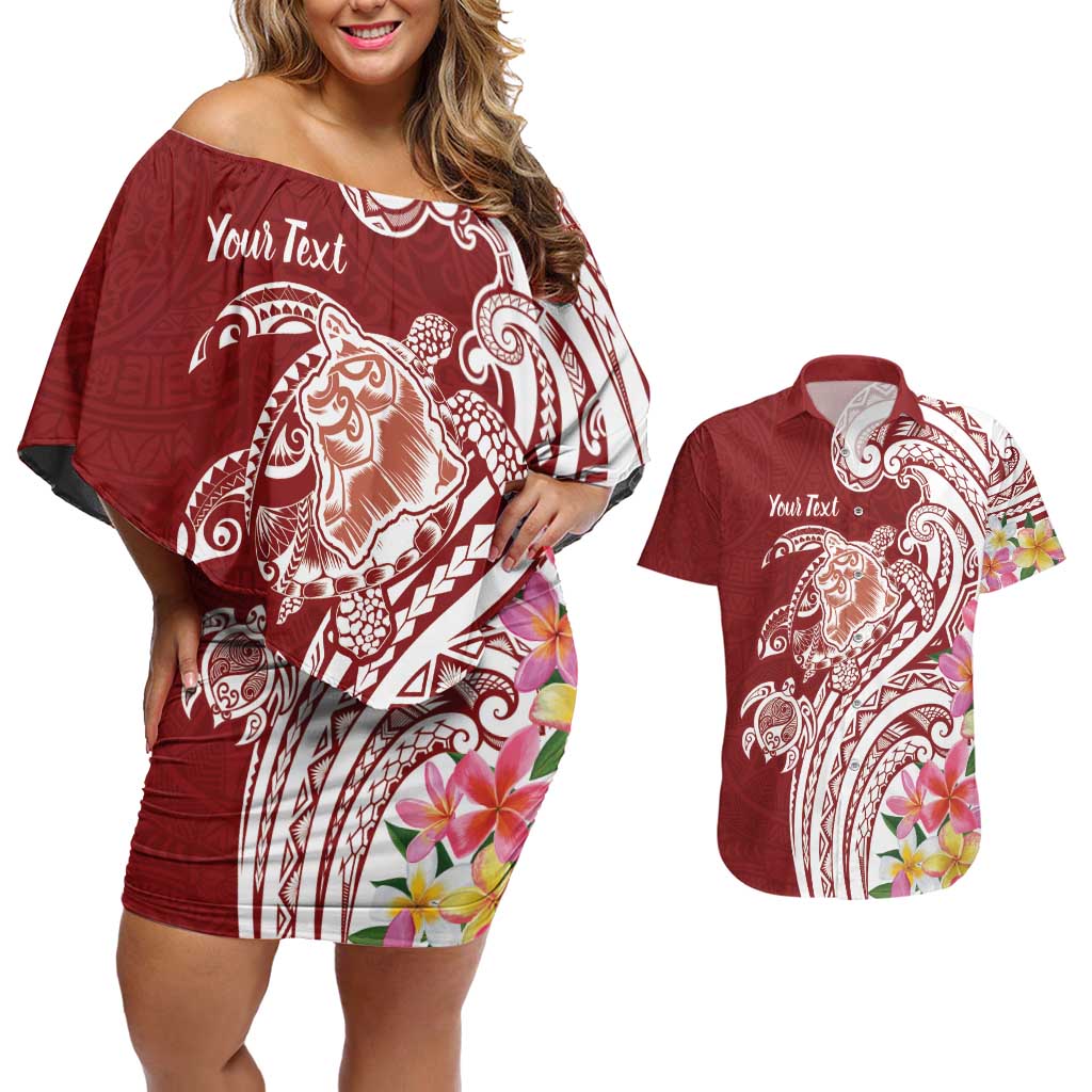 Aloha Hawaii Island Personalized Couples Matching Off Shoulder Short Dress and Hawaiian Shirt Crimson Dreamy Turtle LT7 Red - Polynesian Pride