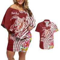 Aloha Hawaii Island Personalized Couples Matching Off Shoulder Short Dress and Hawaiian Shirt Crimson Dreamy Turtle LT7 Red - Polynesian Pride