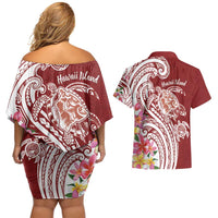 Aloha Hawaii Island Personalized Couples Matching Off Shoulder Short Dress and Hawaiian Shirt Crimson Dreamy Turtle LT7 - Polynesian Pride
