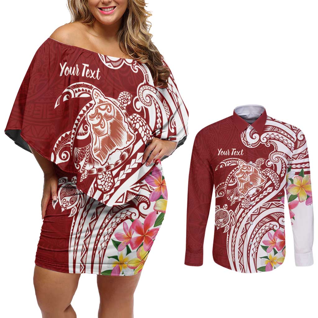 Aloha Hawaii Island Personalized Couples Matching Off Shoulder Short Dress and Long Sleeve Button Shirt Crimson Dreamy Turtle LT7 Red - Polynesian Pride