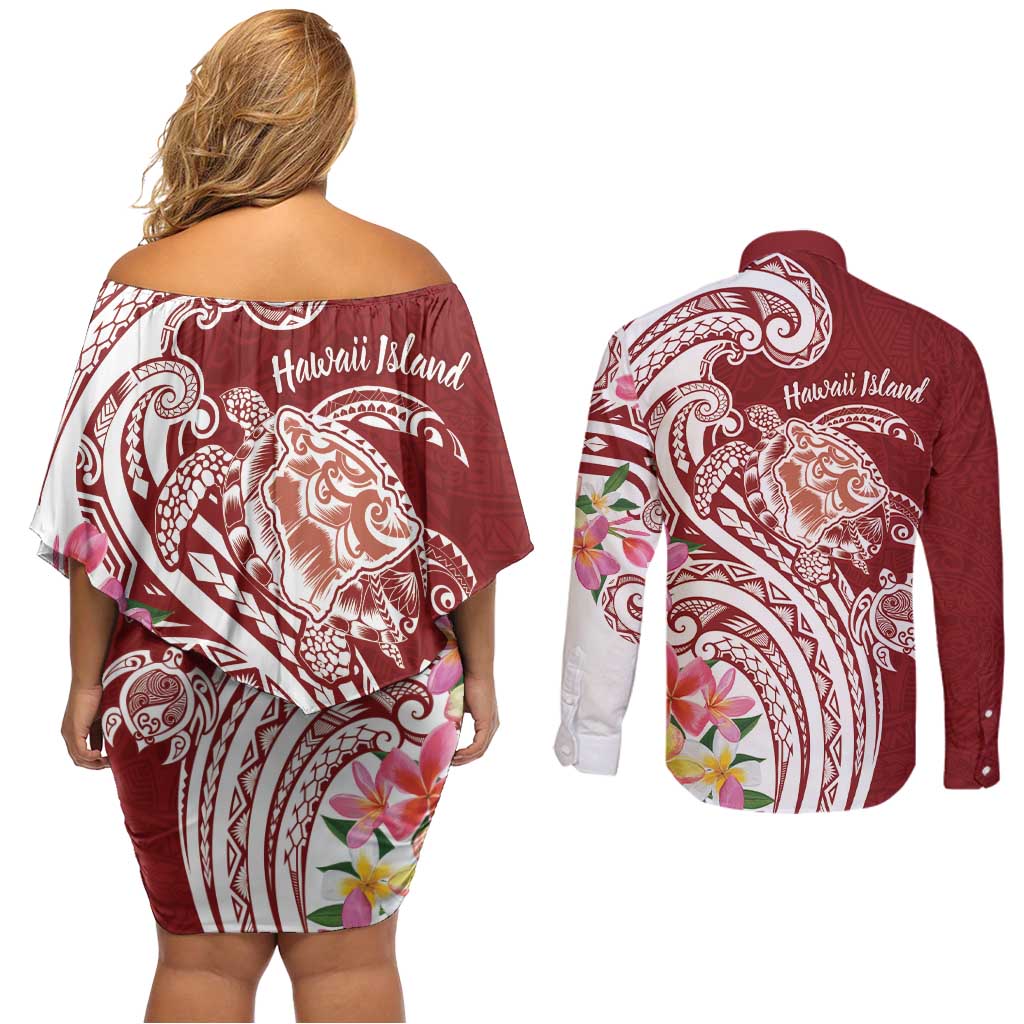Aloha Hawaii Island Personalized Couples Matching Off Shoulder Short Dress and Long Sleeve Button Shirt Crimson Dreamy Turtle LT7 - Polynesian Pride