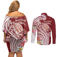 Aloha Hawaii Island Personalized Couples Matching Off Shoulder Short Dress and Long Sleeve Button Shirt Crimson Dreamy Turtle LT7 - Polynesian Pride