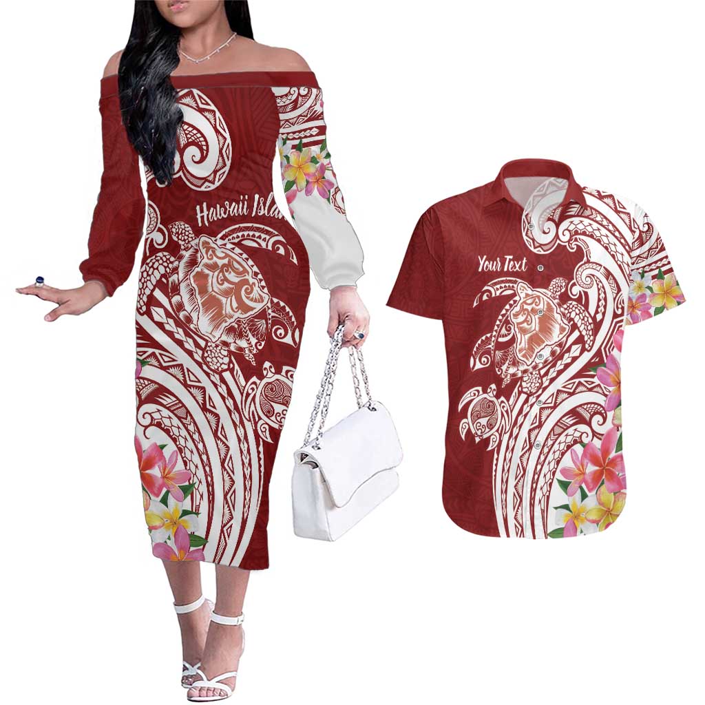Aloha Hawaii Island Personalized Couples Matching Off The Shoulder Long Sleeve Dress and Hawaiian Shirt Crimson Dreamy Turtle LT7 Red - Polynesian Pride