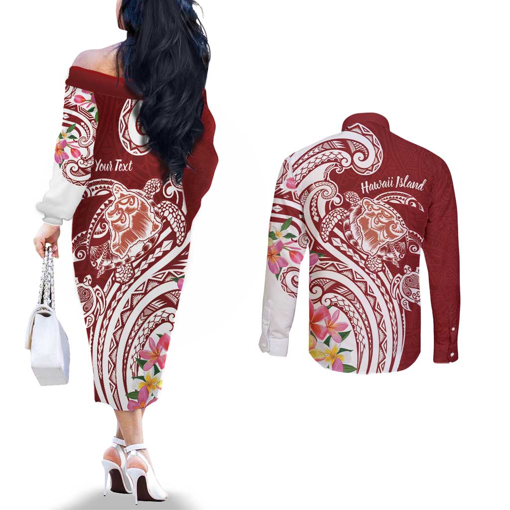 Aloha Hawaii Island Personalized Couples Matching Off The Shoulder Long Sleeve Dress and Long Sleeve Button Shirt Crimson Dreamy Turtle LT7 - Polynesian Pride