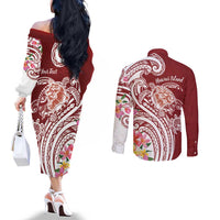 Aloha Hawaii Island Personalized Couples Matching Off The Shoulder Long Sleeve Dress and Long Sleeve Button Shirt Crimson Dreamy Turtle LT7 - Polynesian Pride