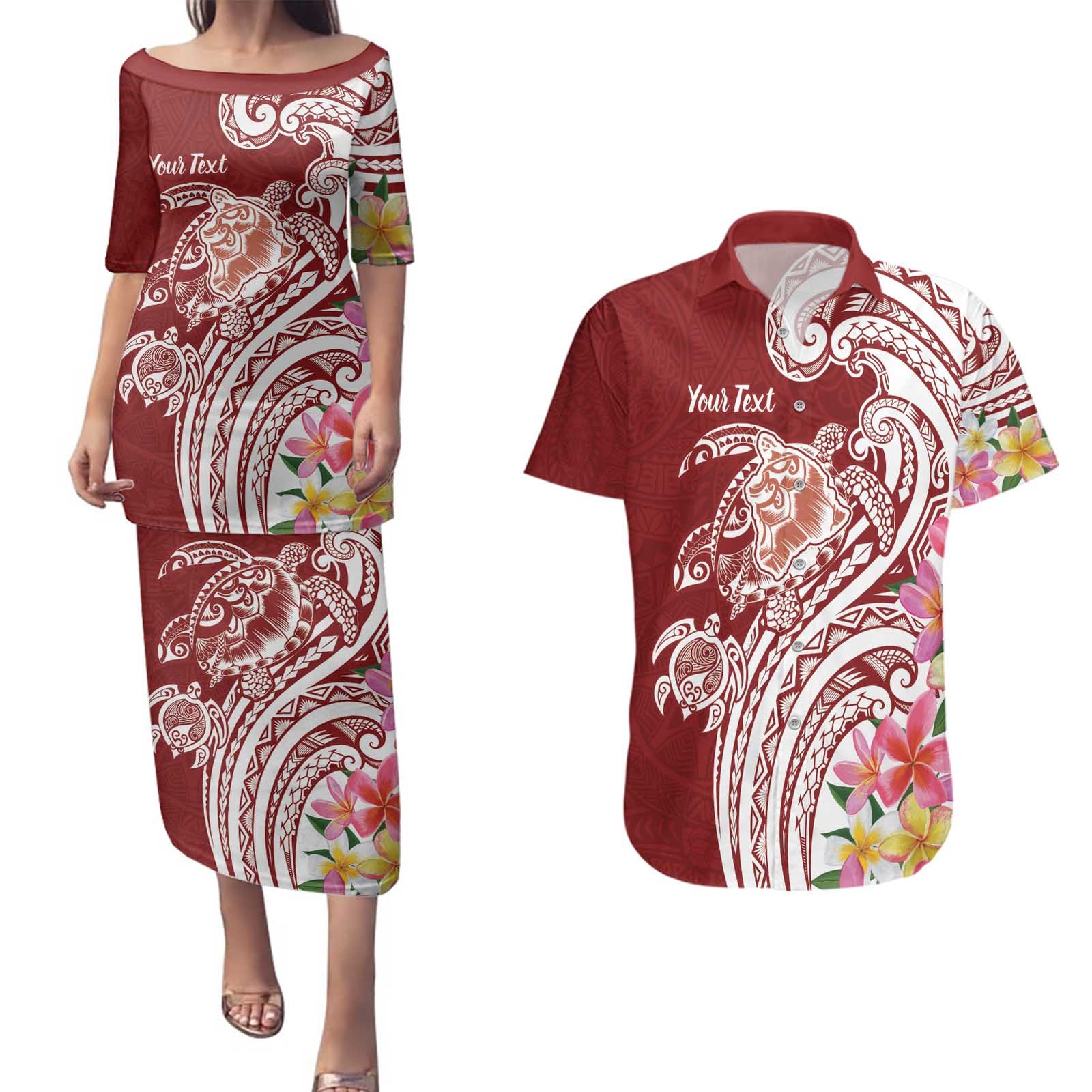 Aloha Hawaii Island Personalized Couples Matching Puletasi and Hawaiian Shirt Crimson Dreamy Turtle LT7 Red - Polynesian Pride