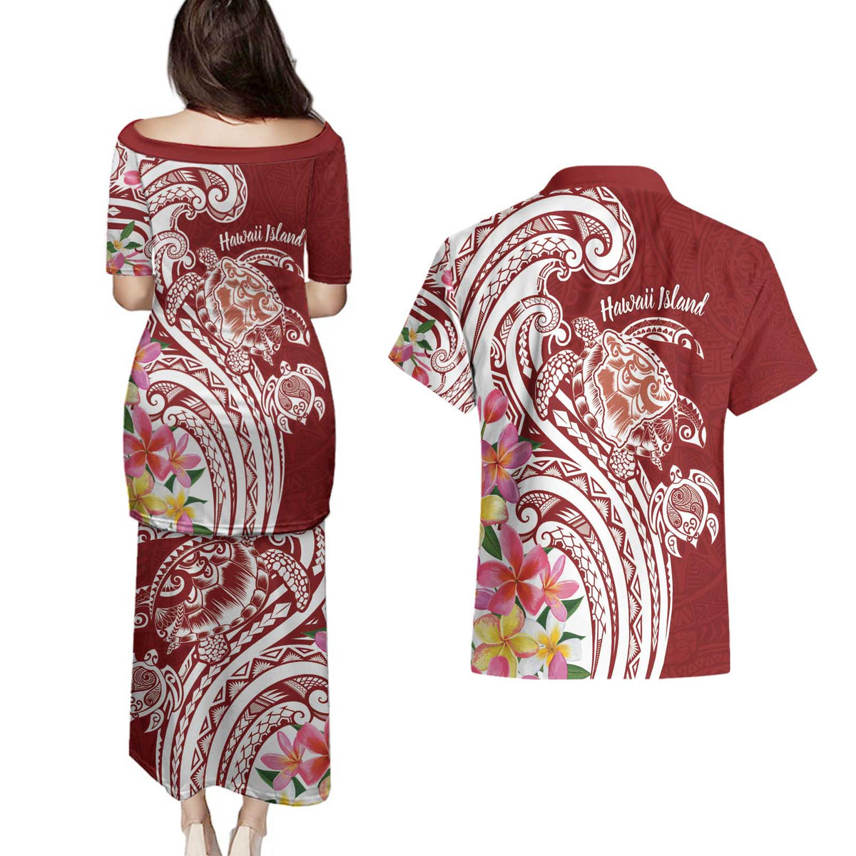 Aloha Hawaii Island Personalized Couples Matching Puletasi and Hawaiian Shirt Crimson Dreamy Turtle LT7 - Polynesian Pride