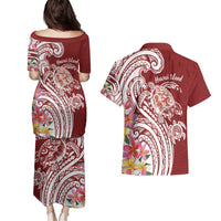 Aloha Hawaii Island Personalized Couples Matching Puletasi and Hawaiian Shirt Crimson Dreamy Turtle LT7 - Polynesian Pride