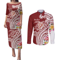 Aloha Hawaii Island Personalized Couples Matching Puletasi and Long Sleeve Button Shirt Crimson Dreamy Turtle LT7 Red - Polynesian Pride
