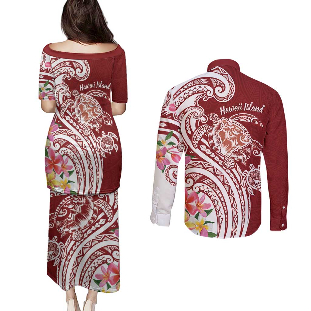 Aloha Hawaii Island Personalized Couples Matching Puletasi and Long Sleeve Button Shirt Crimson Dreamy Turtle LT7 - Polynesian Pride