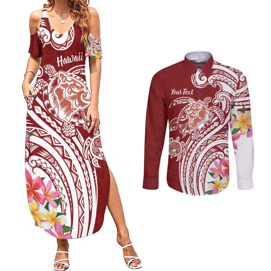Aloha Hawaii Island Personalized Couples Matching Summer Maxi Dress and Long Sleeve Button Shirt Crimson Dreamy Turtle LT7 Red - Polynesian Pride