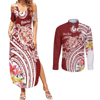 Aloha Hawaii Island Personalized Couples Matching Summer Maxi Dress and Long Sleeve Button Shirt Crimson Dreamy Turtle LT7 Red - Polynesian Pride