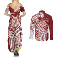Aloha Hawaii Island Personalized Couples Matching Summer Maxi Dress and Long Sleeve Button Shirt Crimson Dreamy Turtle LT7 - Polynesian Pride