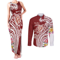 Aloha Hawaii Island Personalized Couples Matching Tank Maxi Dress and Long Sleeve Button Shirt Crimson Dreamy Turtle LT7 Red - Polynesian Pride