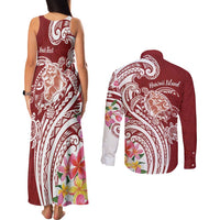 Aloha Hawaii Island Personalized Couples Matching Tank Maxi Dress and Long Sleeve Button Shirt Crimson Dreamy Turtle LT7 - Polynesian Pride