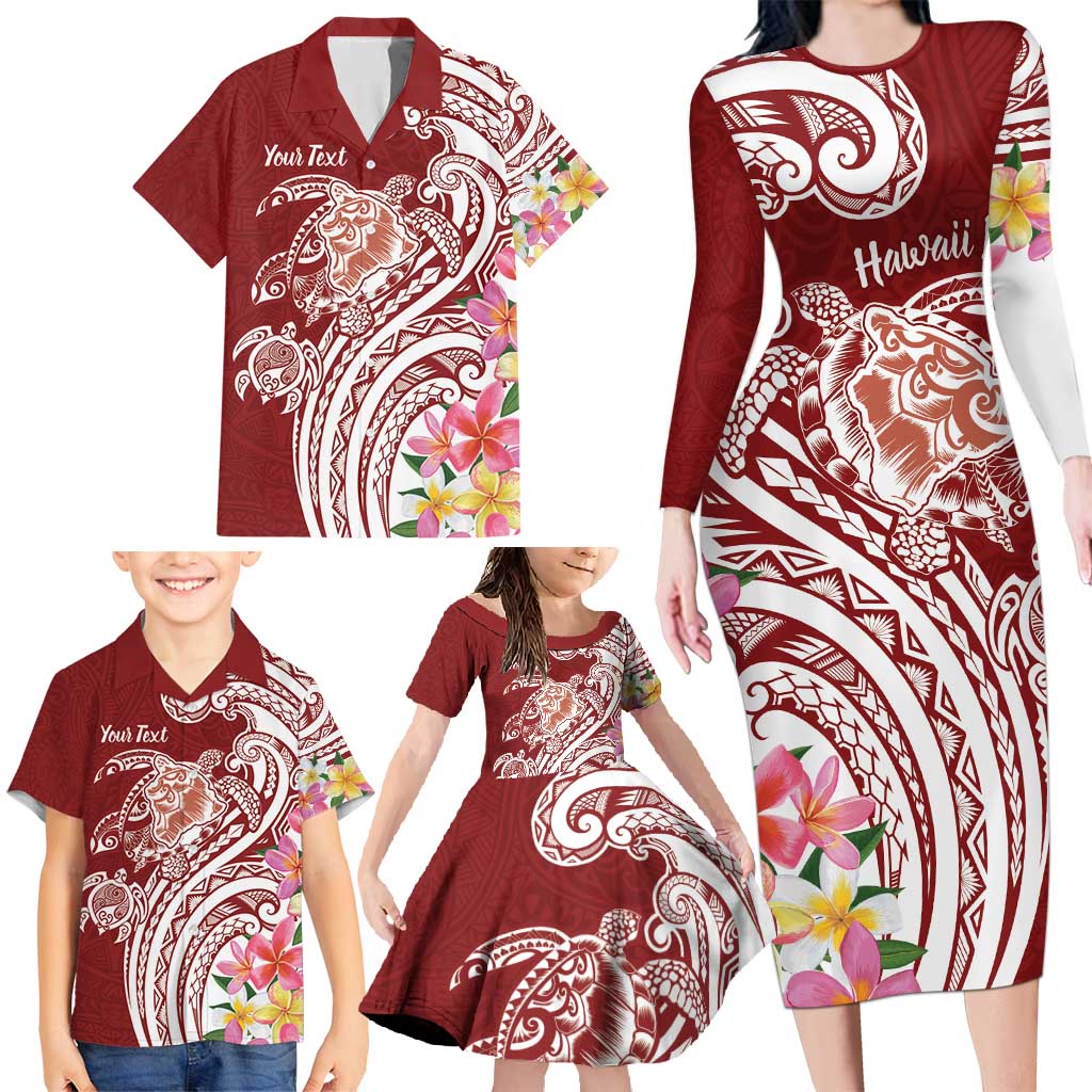 Aloha Hawaii Island Personalized Family Matching Long Sleeve Bodycon Dress and Hawaiian Shirt Crimson Dreamy Turtle