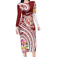 Aloha Hawaii Island Personalized Family Matching Long Sleeve Bodycon Dress and Hawaiian Shirt Crimson Dreamy Turtle