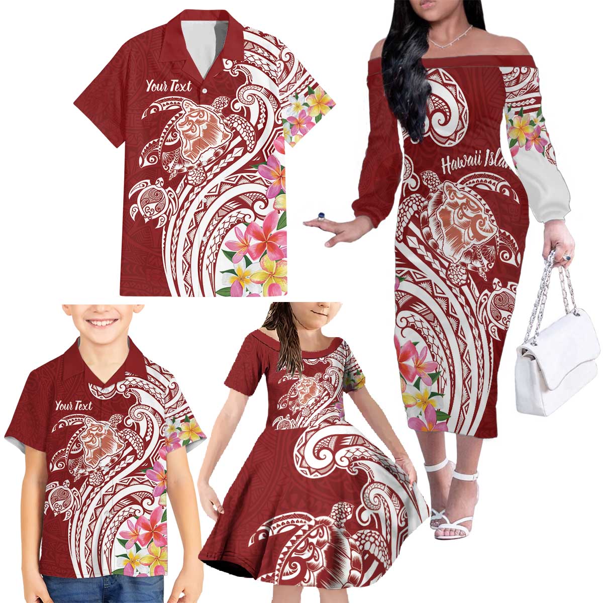 Aloha Hawaii Island Personalized Family Matching Off The Shoulder Long Sleeve Dress and Hawaiian Shirt Crimson Dreamy Turtle