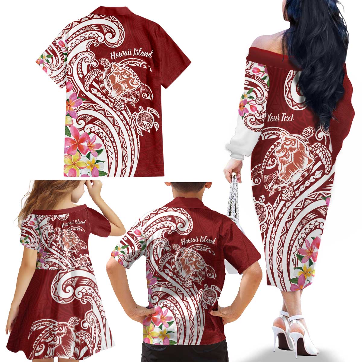 Aloha Hawaii Island Personalized Family Matching Off The Shoulder Long Sleeve Dress and Hawaiian Shirt Crimson Dreamy Turtle